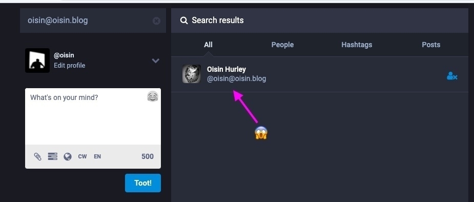 Screenshot of mastodon web app showing micro blog mastodon user name